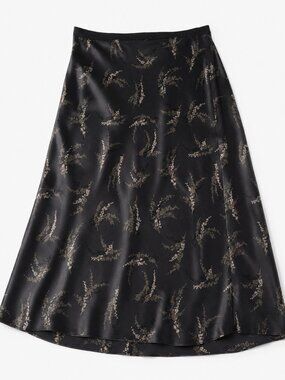 Vince Black Floral 100% Silk Midi Skirt S/P Bias A-Line Satin